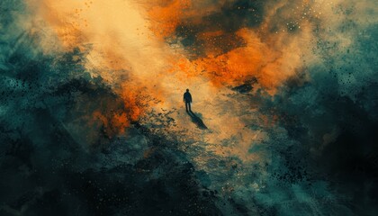 A dark figure stands in a surreal landscape of vibrant colors and stormy skies.