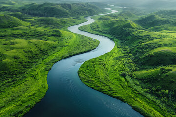 An aerial view of a winding river cutting through a lush green landscape - Powered by Adobe