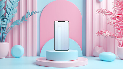 Cute 3D render of AR app on phone, showcasing a podium for product display. Ideal for retail and presentation concepts.