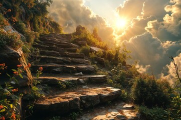 Stone stairs on the mountain at sunset in the morning - Powered by Adobe