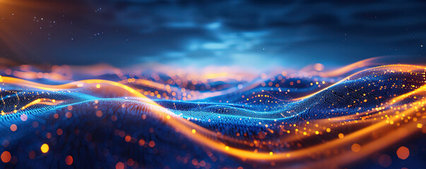 Abstract dark background with orange and blue waves of digital data flowing in the style of light black and navy blue, futuristic network technology concept