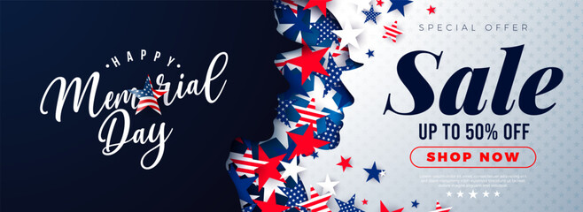 Memorial Day Sale Illustration with Flying Flag Pattern Stars in Patriotic Soldier Silhouette on Light Background. Vector American USA National Celebration Design with Typography Lettering for Coupon