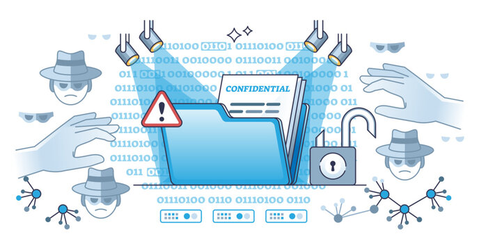 Sensitive data exposure with confidential document leakage outline concept, transparent background. Information loss after cyber attack from hackers illustration.