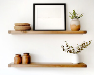 Wooden floating shelf on white wall. Storage organization, wall decor for home. Mock up frame on wooden shelves.