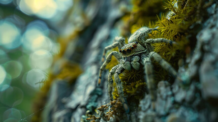 Stealthy Jumping Spider Lurking Amongst Moss on Tree Bark
