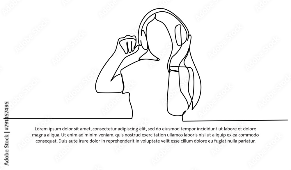 Poster continuous line design of have fun listening to music. single line decorative elements drawn on a wh