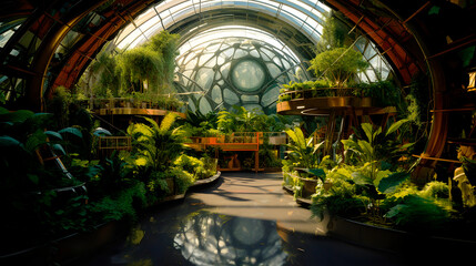 Evergreen palms and various exotic plants in greenhouse in futuristic style, exotic tropical plants in sunny day, long stem and leaf succulents, african huge plant in green botanic garden.