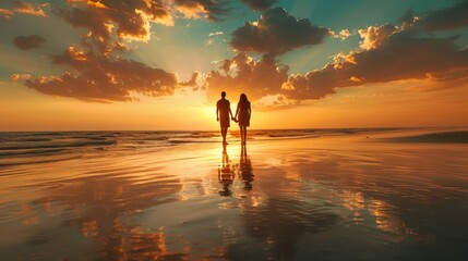Person On Beach. Happy Family Enjoying Luxury Sunset on Beautiful Summer Vacation - obrazy, fototapety, plakaty