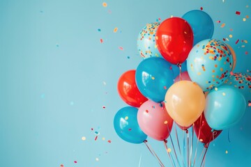 Birthday Celebration. Bright Balloons Bunch for Anniversary Party in Blue Background