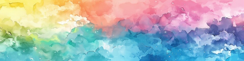 Pastel Colors. Abstract Watercolor Background of Sunset Sky with Puffy Clouds in Rainbow Colors - obrazy, fototapety, plakaty