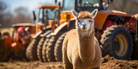 Naklejka premium Llama on a Farm with a Tractor in the Background