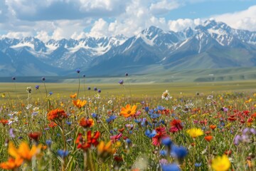A field of blooming wildflowers against a backdrop of snow-capped mountains, illustrating the ecological diversity and beauty at risk due to climate change.