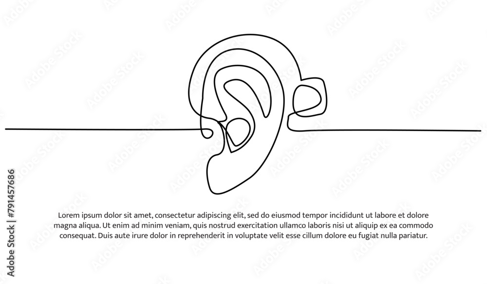 Poster continuous line design of ear using aids. single line decorative elements drawn on a white backgroun