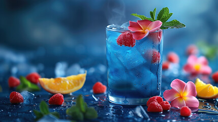 Paradise with a refreshing Blue Lagoon cocktail garnished with fruits  - obrazy, fototapety, plakaty