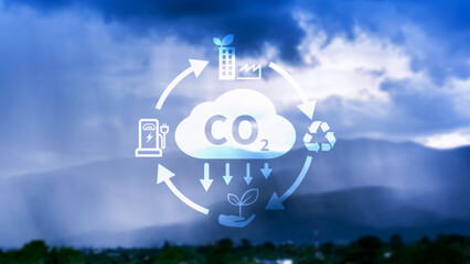 CO2 reducing icon with circular for decrease CO2 , carbon footprint and carbon credit to limit global warming from climate change, Bio Circular Green Economy concept. - obrazy, fototapety, plakaty