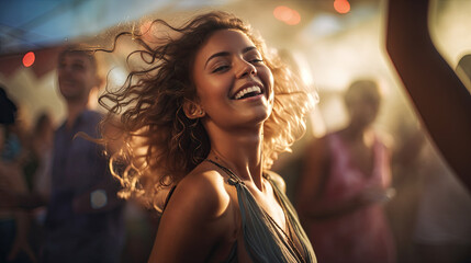 Portrait of cheerful young woman enjoying at music festival. A young woman is dancing at a concert having a good time at an open air venue in the night.