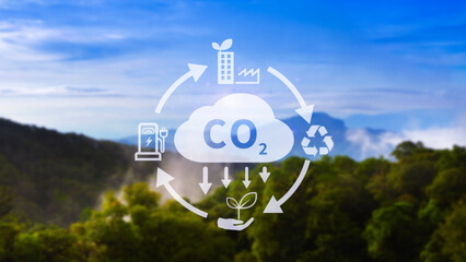 CO2 reducing icon with circular for decrease CO2 , carbon footprint and carbon credit to limit...