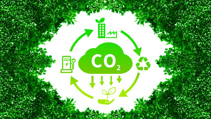 CO2 reducing icon with circular for decrease CO2 , carbon footprint and carbon credit to limit global warming from climate change, Bio Circular Green Economy concept. - obrazy, fototapety, plakaty