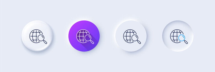 Web search line icon. Neumorphic, Purple gradient, 3d pin buttons. Find internet results sign. Line icons. Neumorphic buttons with outline signs. Vector