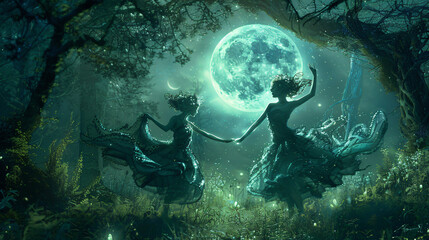 Faeries dance in moonlit glade. Illustration fantasy background