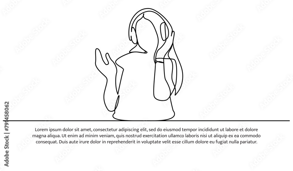 Poster continuous line design of have fun listening to music. single line decorative elements drawn on a wh