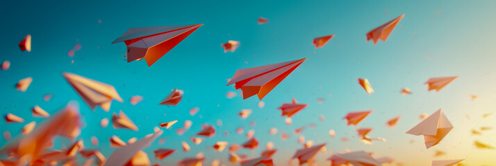 Colorful Paper Airplanes Soaring in a Sunset Sky - obrazy, fototapety, plakaty