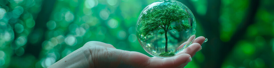 Sustainable Future Concept: Hand Holding Glass Globe with Growing Tree