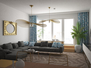 Eleganckie luksusowe jasne białe wnętrze pokoju salonu z szarą sofą i oknem z wyjściem na taras