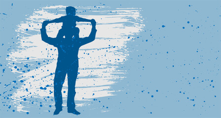 Silhouette of father and son sitting on his shoulders on blue background with splashes.  Father's Day. Vector illustration