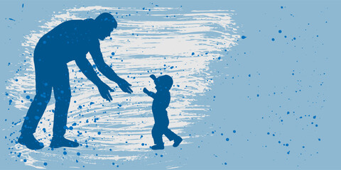 Father's day. Silhouette of father and baby first steps on blue background with splashes, copy space. Vector illustration.