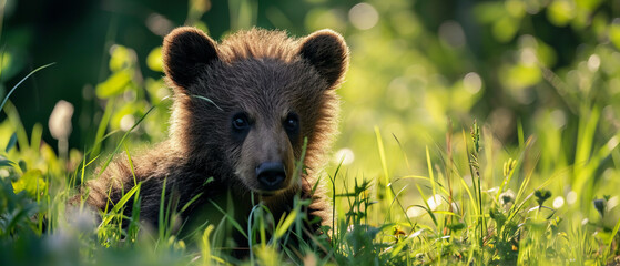 Captivating Young Brown Bear Cub in Sunlit Forest