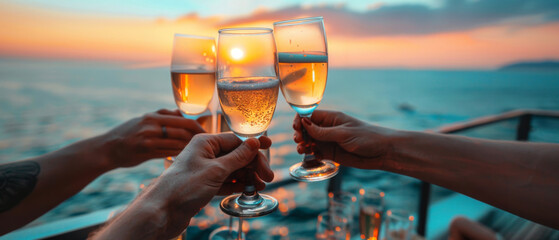 Group of friends enjoying an evening with champagne against the sea. Friends clinking champagne...