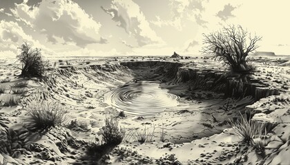 A lone tree stands in the middle of a vast desert, surrounded by a large crater.