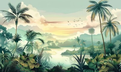 Tropical Exotic Landscape Wallpaper. Hand Drawn Design. Luxury Wall Mural, Generative AI