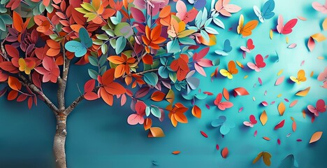 Colorful two tree with vibrant leaves hanging branches illustrates a blue background. tree with multicolor leaves. Bright color 3d abstract wallpaper for interior mural painting wall art,Generative AI