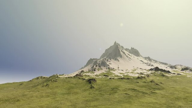 Snowy Mountain Peak Timelapse Animation. Green Lands. Nature Related 3D Animation.