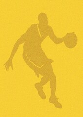 Silhouette of a basketball player on a yellow background, grain effect added. Generative AI.