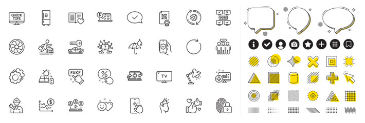Set of Copywriting notebook, Video conference and Discount button line icons for web app. Design elements, Social media icons. Car rental, Security app, Cogwheel icons. Vector