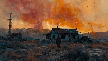 A man stands in the middle of a post-apocalyptic wasteland. The sky is orange. - obrazy, fototapety, plakaty