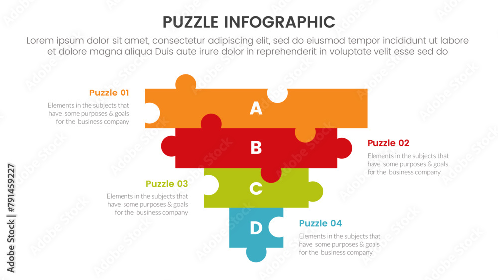 Poster puzzle jigsaw infographic 4 point stage template with reverse pyramid or funnel shape with descripti