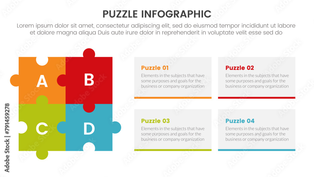 Poster puzzle jigsaw infographic 4 point stage template with square puzzle combination and box rectangle te