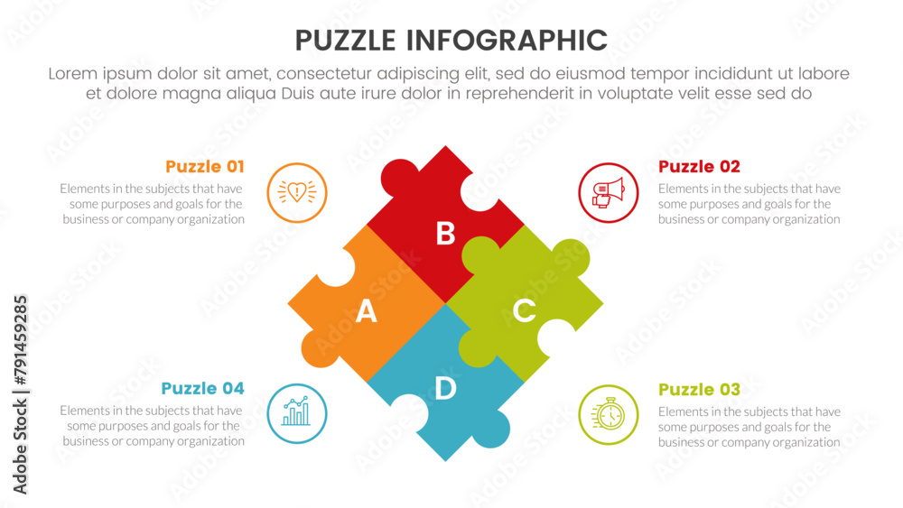 Poster puzzle jigsaw infographic 4 point stage template with rotated square base shape with description for