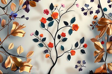 Wall hanging branches seamless pattern leaves fall with color flowers illustration background. 3d abstraction wallpaper for interior mural wall art decor. Generative AI