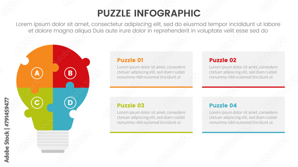 Poster puzzle jigsaw infographic 4 point stage template with idea lamp shape for creativity with descriptio