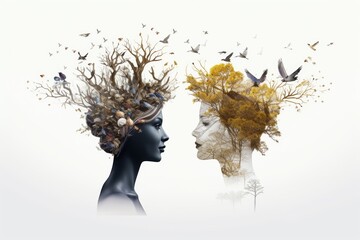 Abstract illustration of two woman are back to back and the tree is growing in the middle of them with many birds flying, symbolizing freedom, isolated on white background. Generative AI. - obrazy, fototapety, plakaty