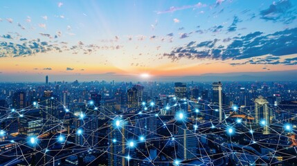 Futuristic cityscape with digital network overlay. A stunning visual representation of a smart city, with digital connections and a network overlay implying a connected, data-driven metropolis