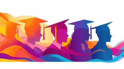 Happy graduates in graduation academic caps. Cheerful people, color silhouette. Graduation party. Vector illustration.
