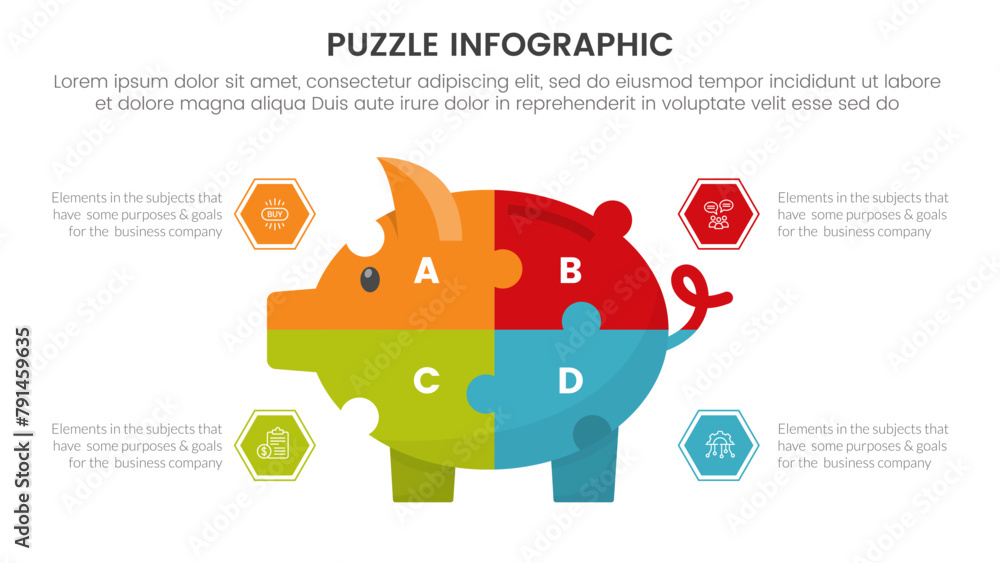 Poster puzzle jigsaw infographic 4 point stage template with big piggy bank saving with description for sli