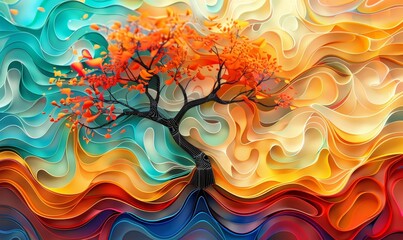 Elegant colorful with vibrant orange tree illustration background. Bright color 3d abstraction wallpaper for interior mural art, Generative AI