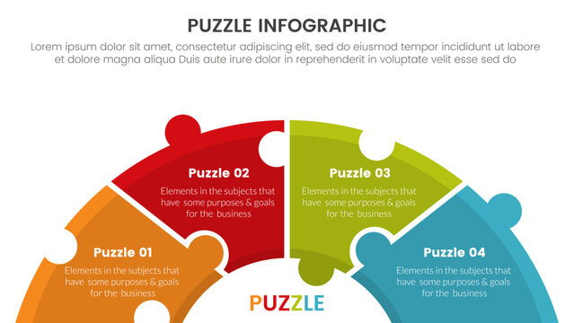 puzzle jigsaw infographic 4 point stage template with haf circle speedometer style with description for slide presentation
